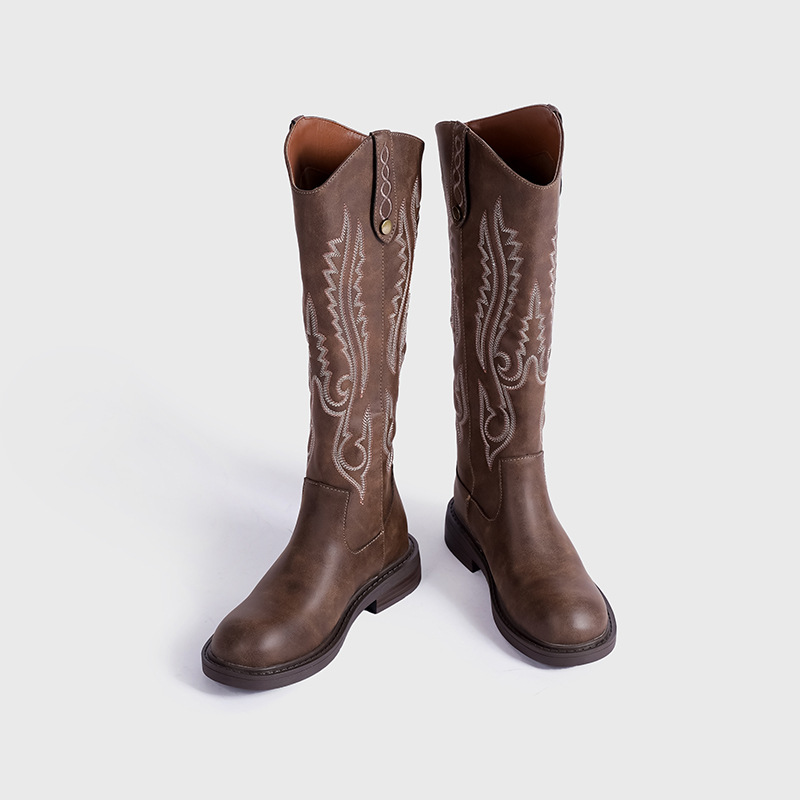 Embroidered V-neck ~ Western cowboy boots for women 2025 Autumn/Winter new style rear zipper low-heeled high-top long boots retro knight boots