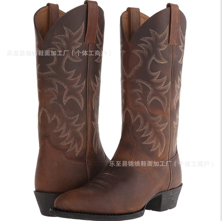 The manufacturer's embroidered high-heeled men's wooden root mid-calf boots, European and American style western cowboy boots, winter size 38-48