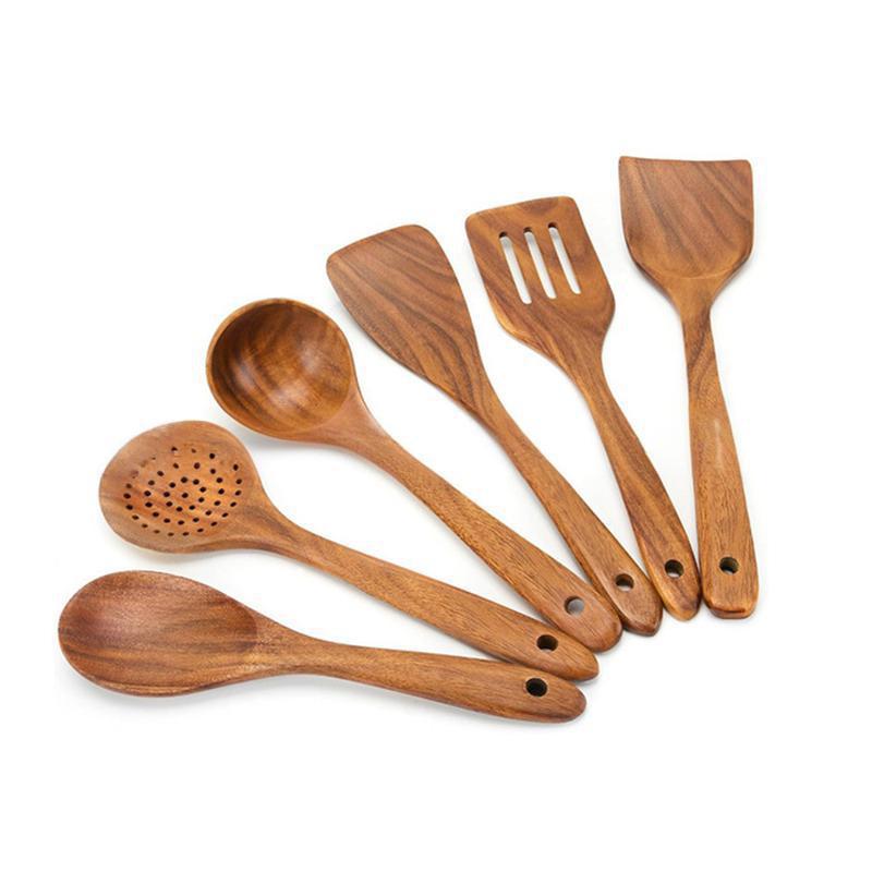 Teak non-stick pan, long-handled solid wood cooking kitchenware set, acacia wood kitchen multi-piece set, wooden spatula, long-handled pot
