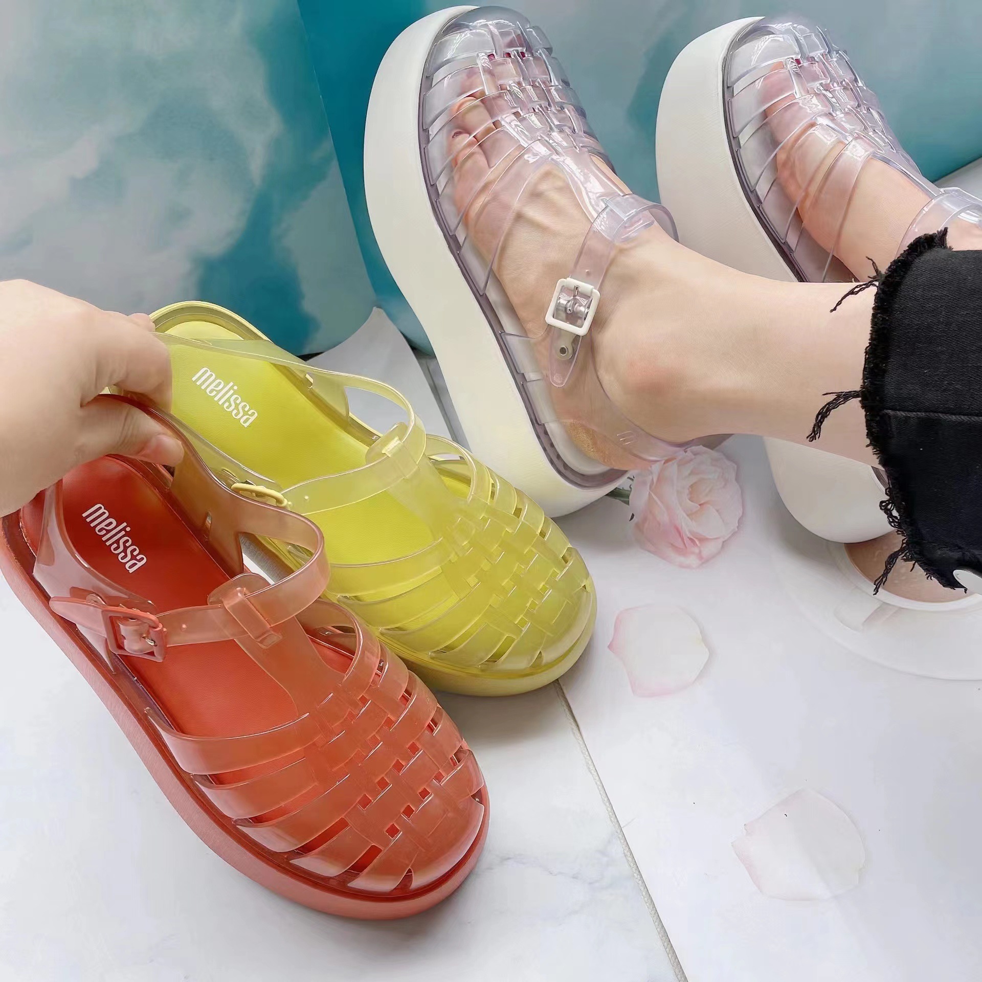 In stock: Summer Melissa EVA platform sandals with closed toe, openwork Roman woven design, women's wedge sandals with thick sole and height increase.