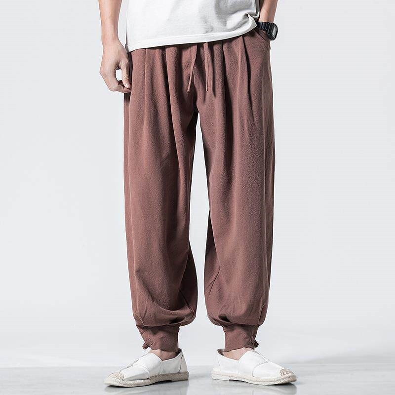 Men's cotton and linen monk pants, no leg binding, lay Buddhist pants, linen loose fit, tapered cuffs, thin summer monk robes for women.