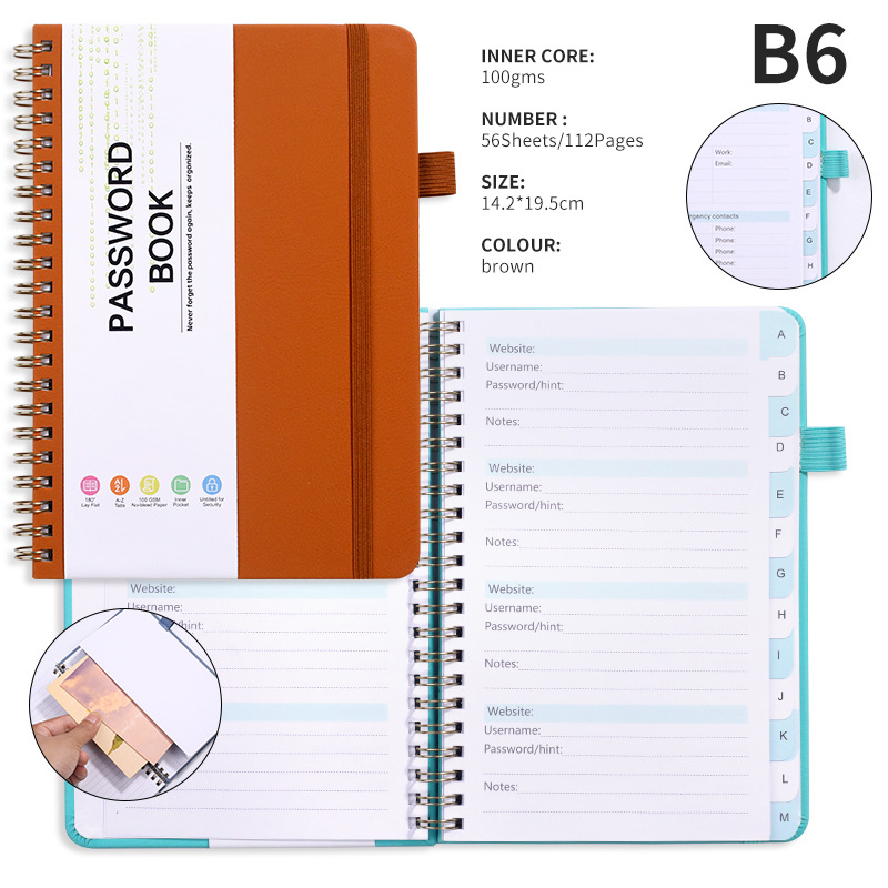 Customized password coil notebooks with letter labels, faux leather index pages, pen holders, and binding straps; wholesale gift notebooks.