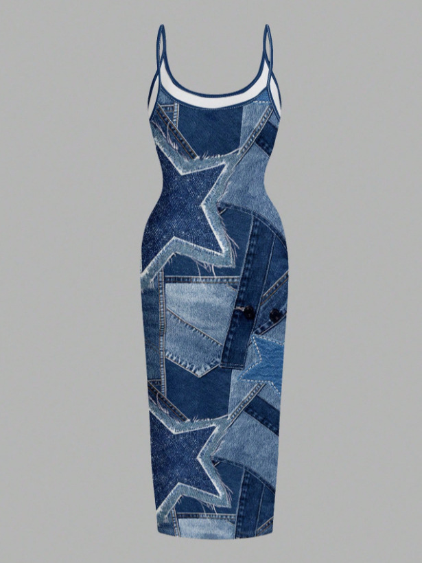 Women's Fashion 2026 Summer New Style European and American cross-border imitation denim print dress