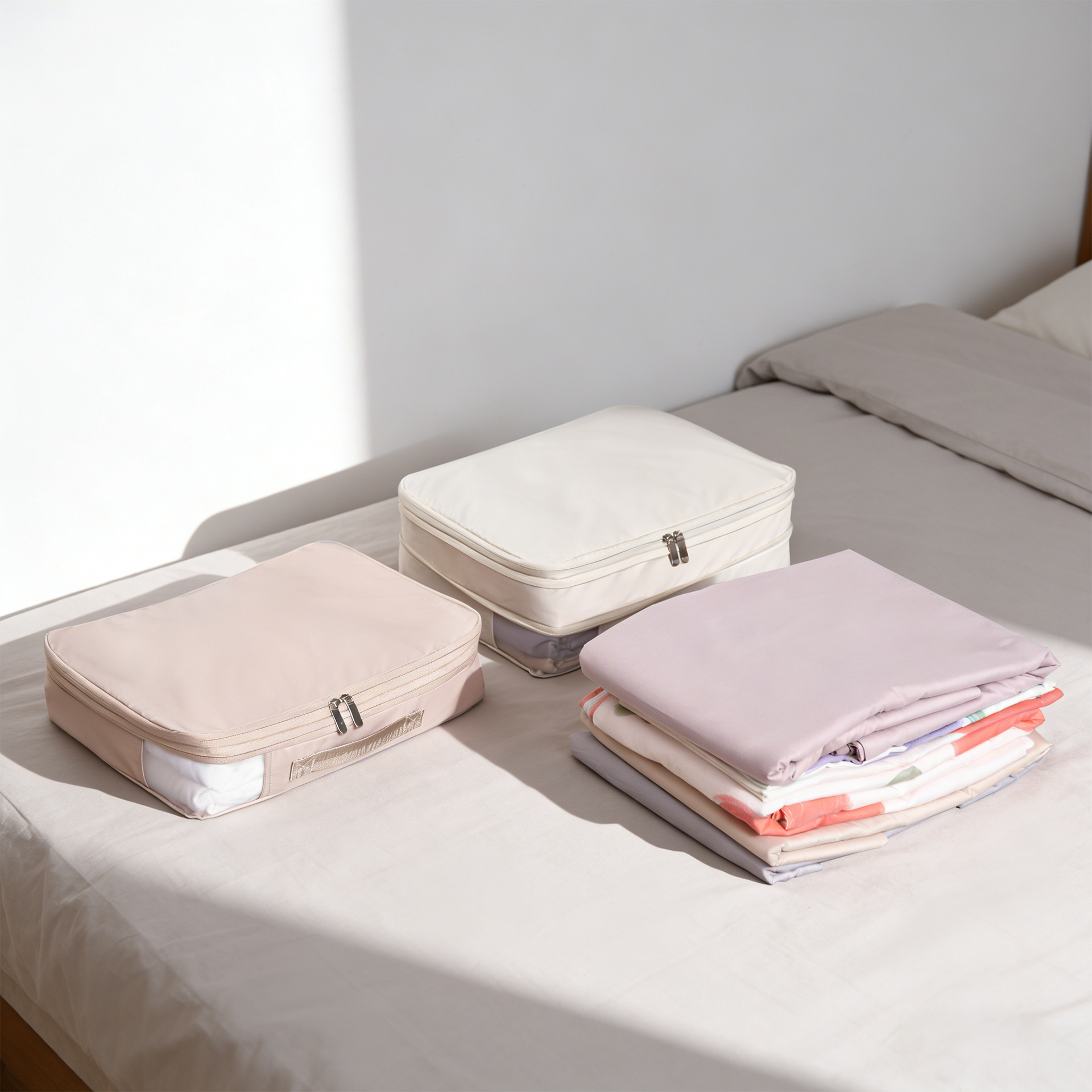 Antibacterial and mildew-resistant four-piece storage bag for bed sheets, with a viewing window, large capacity, suitable for home use, including blankets and clothing organizers.