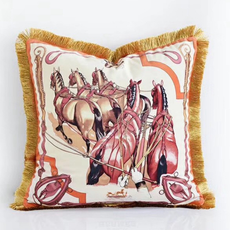 Cross-border European light luxury orange horse print square cushion, villa exhibition hall model room, living room sofa, skin-friendly throw pillow