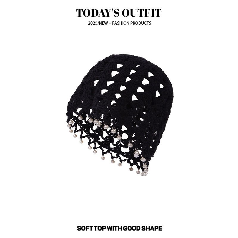 Spring/Summer Thin Handmade Versatile Knitted Openwork Headband Hat for Women, Crocheted Ethnic Style Tie-Up Knitted Hat