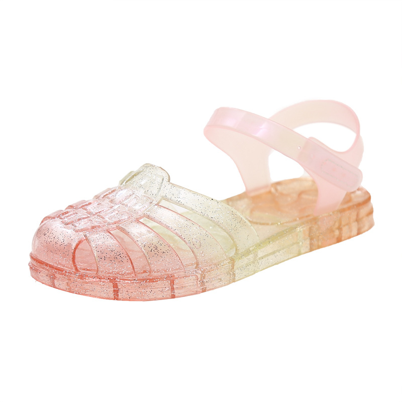 Cross-border exclusive 2026 new European and American style children's sandals, gradient rainbow color woven baby hollow beach shoes for girls
