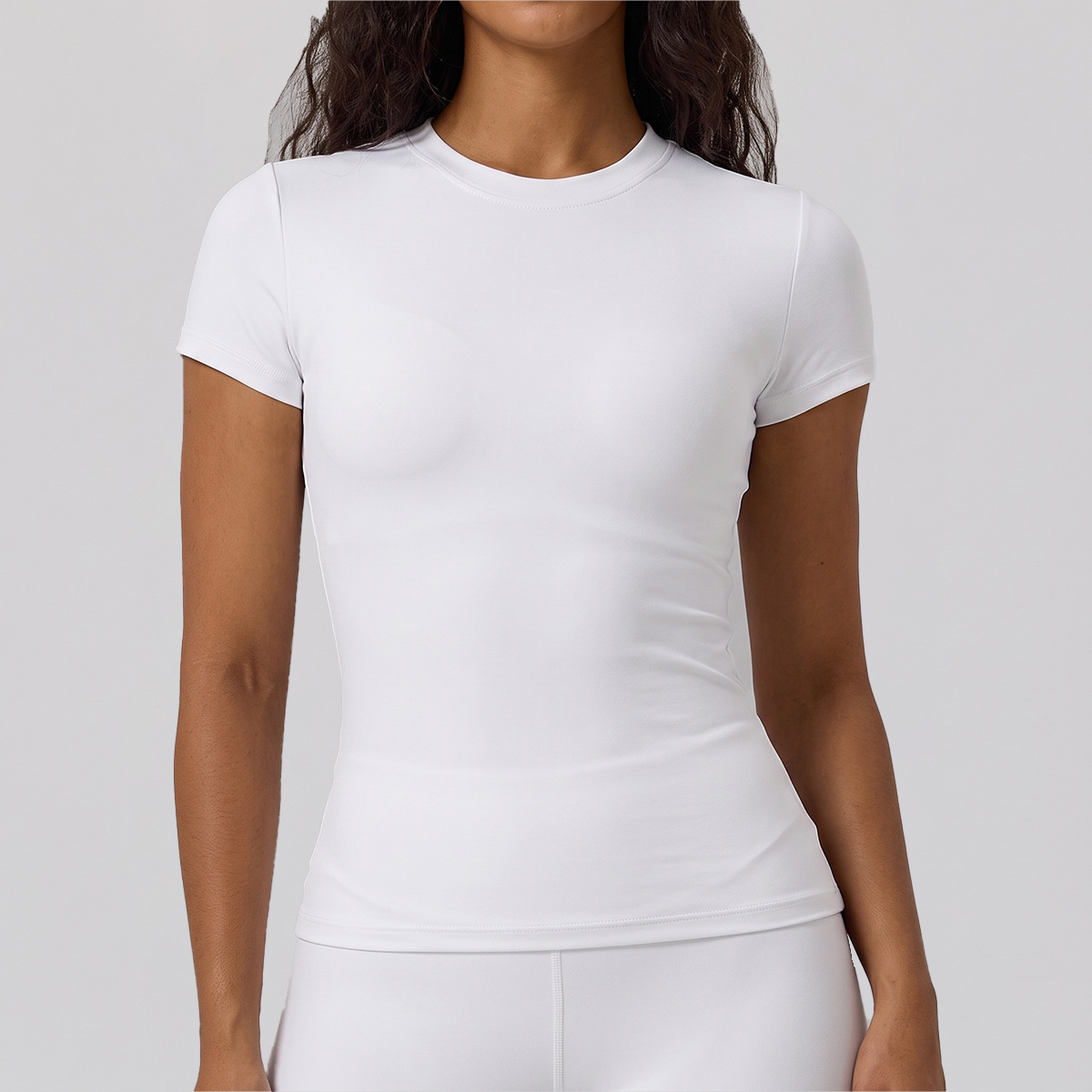 Casual, versatile, tight-fitting, solid color, short-sleeved, quick-drying, bare-skin feel fitness top, slim fit, running top with correct shoulder line, yoga top