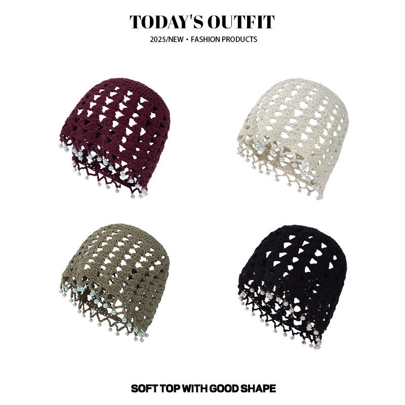 Ethnic style hollowed-out pearl pendant knitted hat, handmade crochet headband, elegant thin beanie for women.