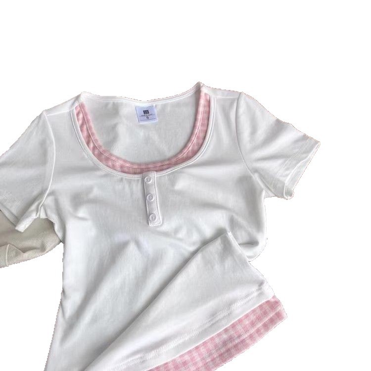 Sweet and spicy color-blocked plaid short-sleeved T-shirt for women, new summer style, faux two-piece, slim fit, fashionable short top with off-the-shoulder design.