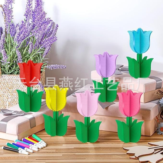 Cross-border wooden tulip flower shape DIY blank wooden crafts home decoration party 3D flowers