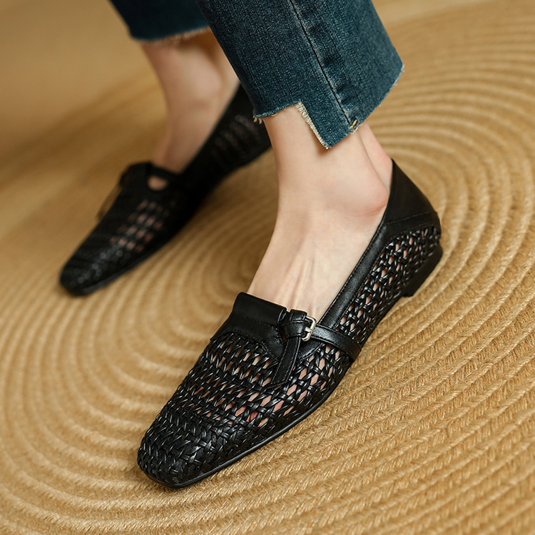 New spring and summer fashion hand-woven square-toed, thick-heeled women's shoes, low-heeled, breathable and comfortable, soft-soled genuine leather single shoes