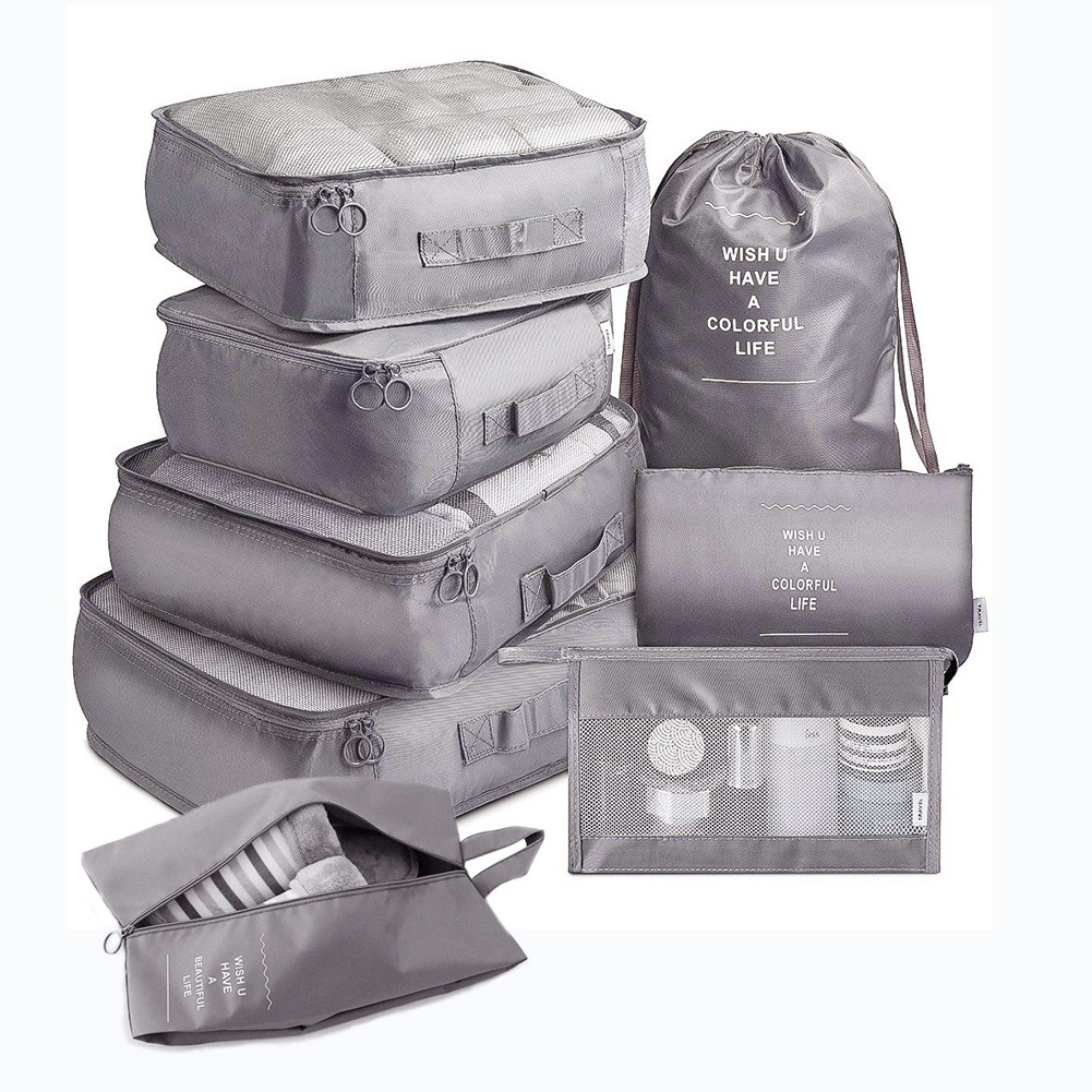 Seven-piece travel storage bag set, including digital toiletries and cosmetics organizers, clothing, shoes, and luggage travel bags.