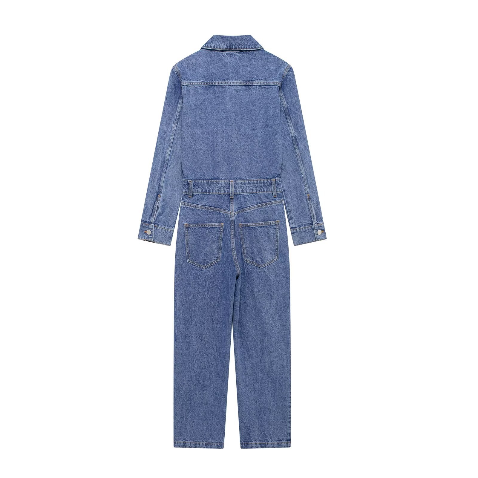 A new, niche polo collar casual long-sleeved denim jumpsuit for women with a blue lapel in the European and American style for the winter of 2024
