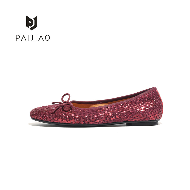 Star-style versatile shoes with square toe woven bow and pigskin, handcrafted fashionable ballet soft sole XD113020-1