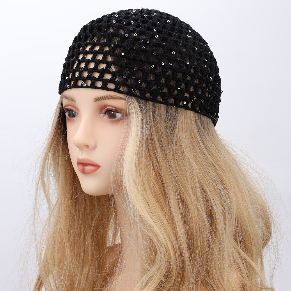 Cross-border new adult hair cap, hollowed-out headscarf cap, solid color knitted grid cap, hair tie fashionable melon rind cap, headscarf cap