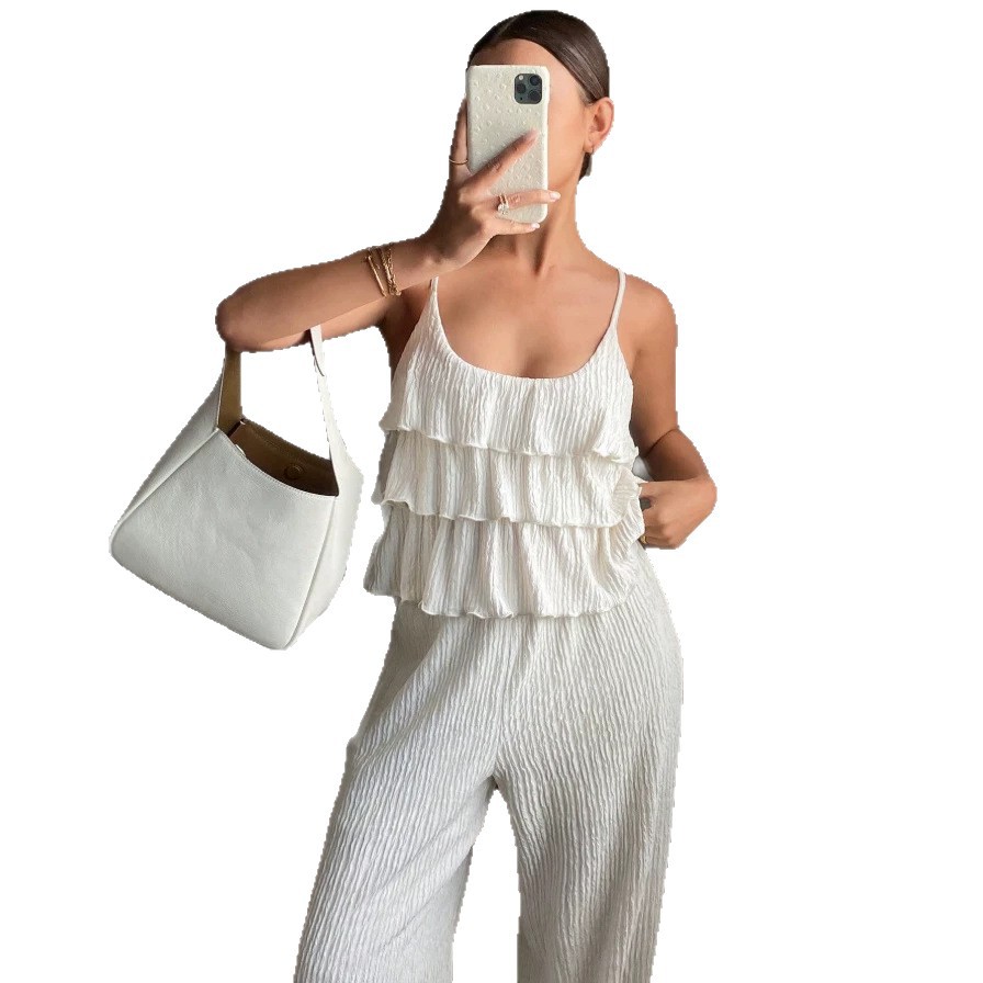European and American cross-border spring and summer new comfortable and fashionable women's sleeveless halter top and high-waisted wide-leg pants set