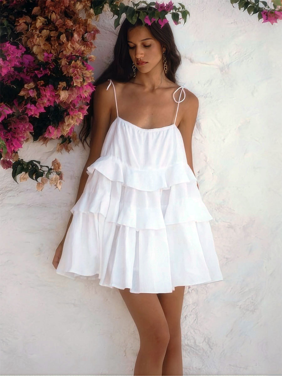 Cross-border suspender dress, European and American style, summer 2025, multi-layered ruffle cake skirt, short backless suspender dress