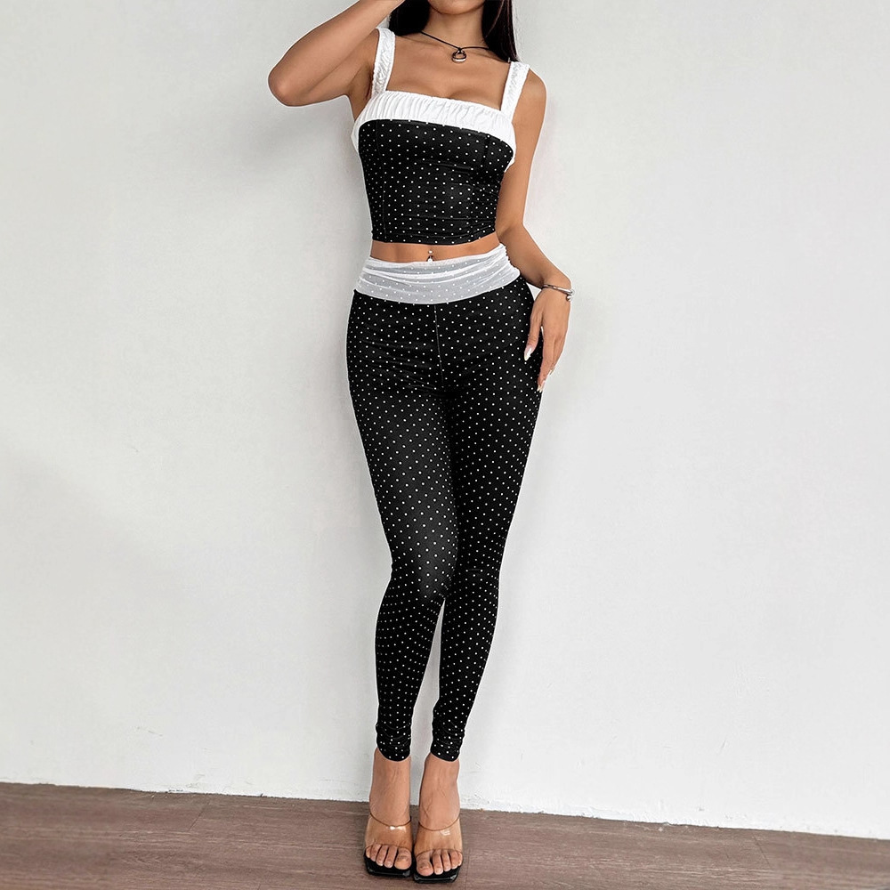 AD324 Cross-border Hot Selling Polka Dot Casual Fashion Two-Piece Set: Sexy Camisole Color Block Vest, Slim Fit Long Pants