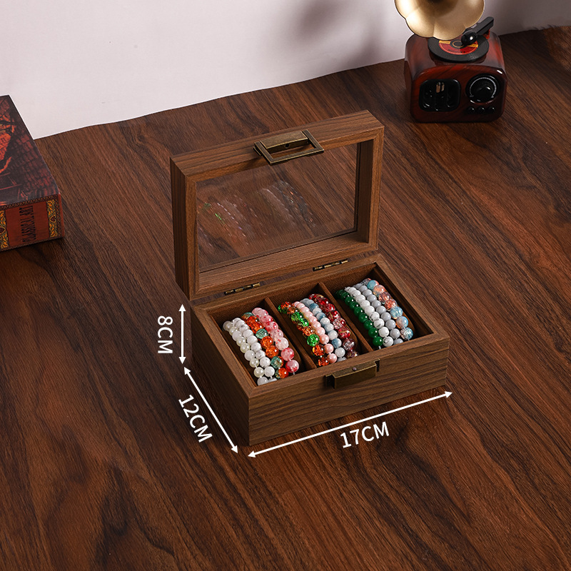 Vintage wood-grain leather storage box for collectible bracelets, crystal bracelets, jewelry boxes, bangle accessories, and Buddhist beads; transparent display box.