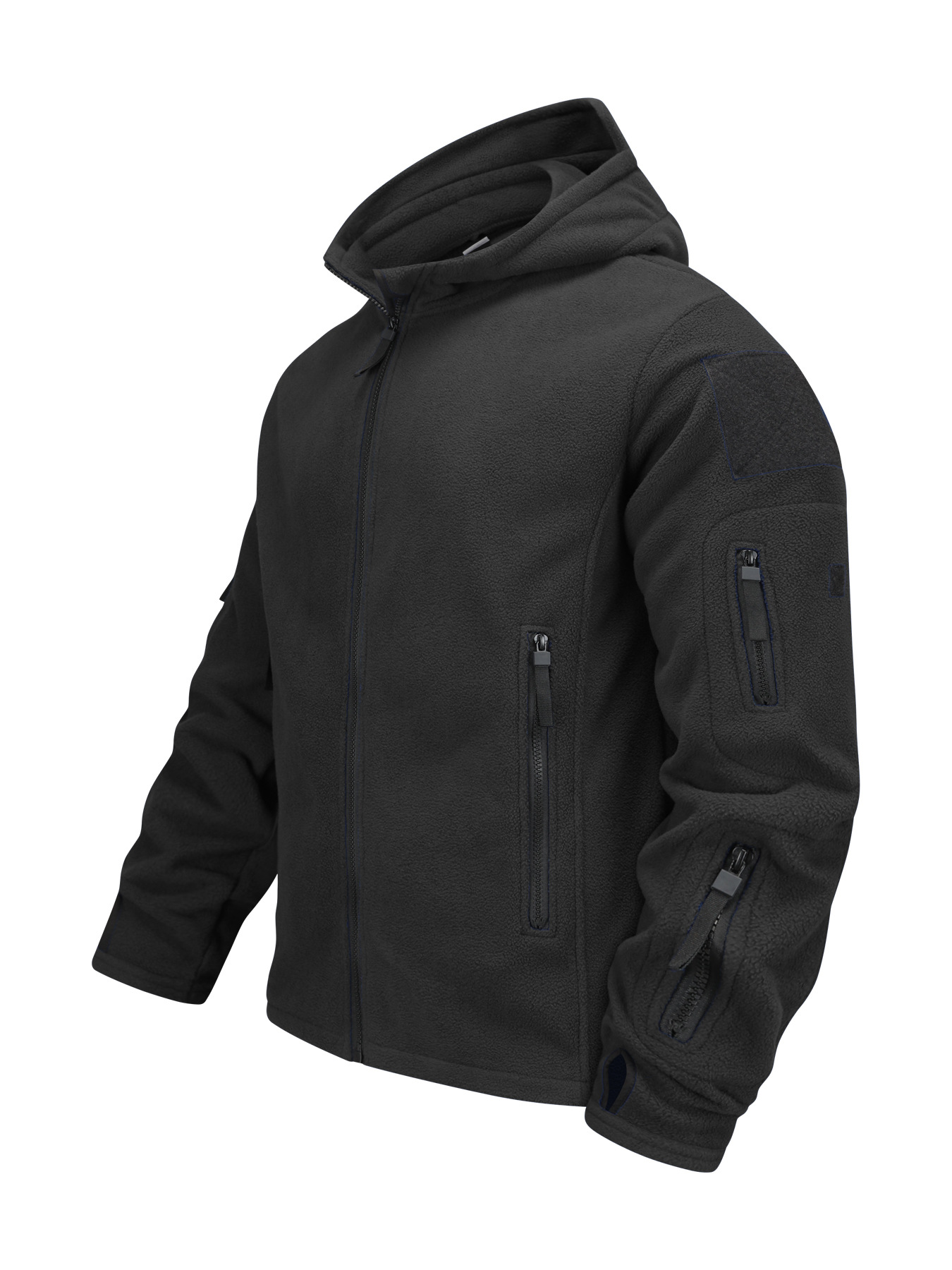 Fleece hooded jacket, solid color thickened warm multi-pocket work jacket for men