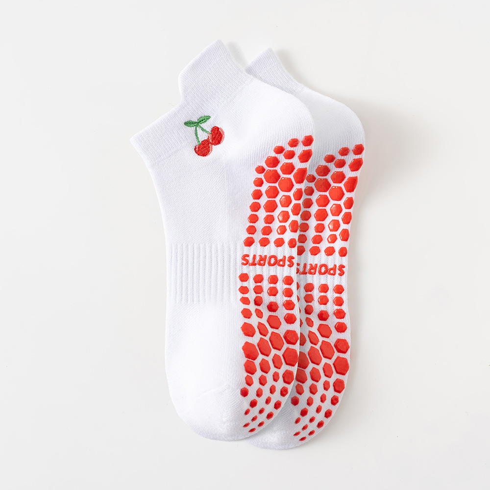 Women's athletic socks, short, professional anti-slip yoga socks, embroidered cherry mesh, breathable silicone anti-slip short socks, Pilates socks