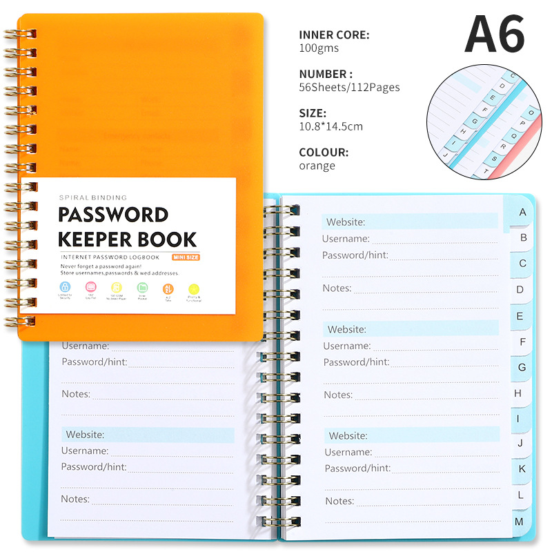 Cross-border exclusive A6 password notebook, PP coil notebook, internet website login notebook, alphabetical tag index notebook