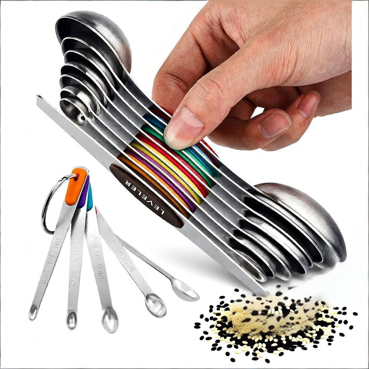 FCM cross-border magnetic suction overlapping 430 stainless steel double-head measuring spoon one-piece set with scale multi-functional measuring spoon