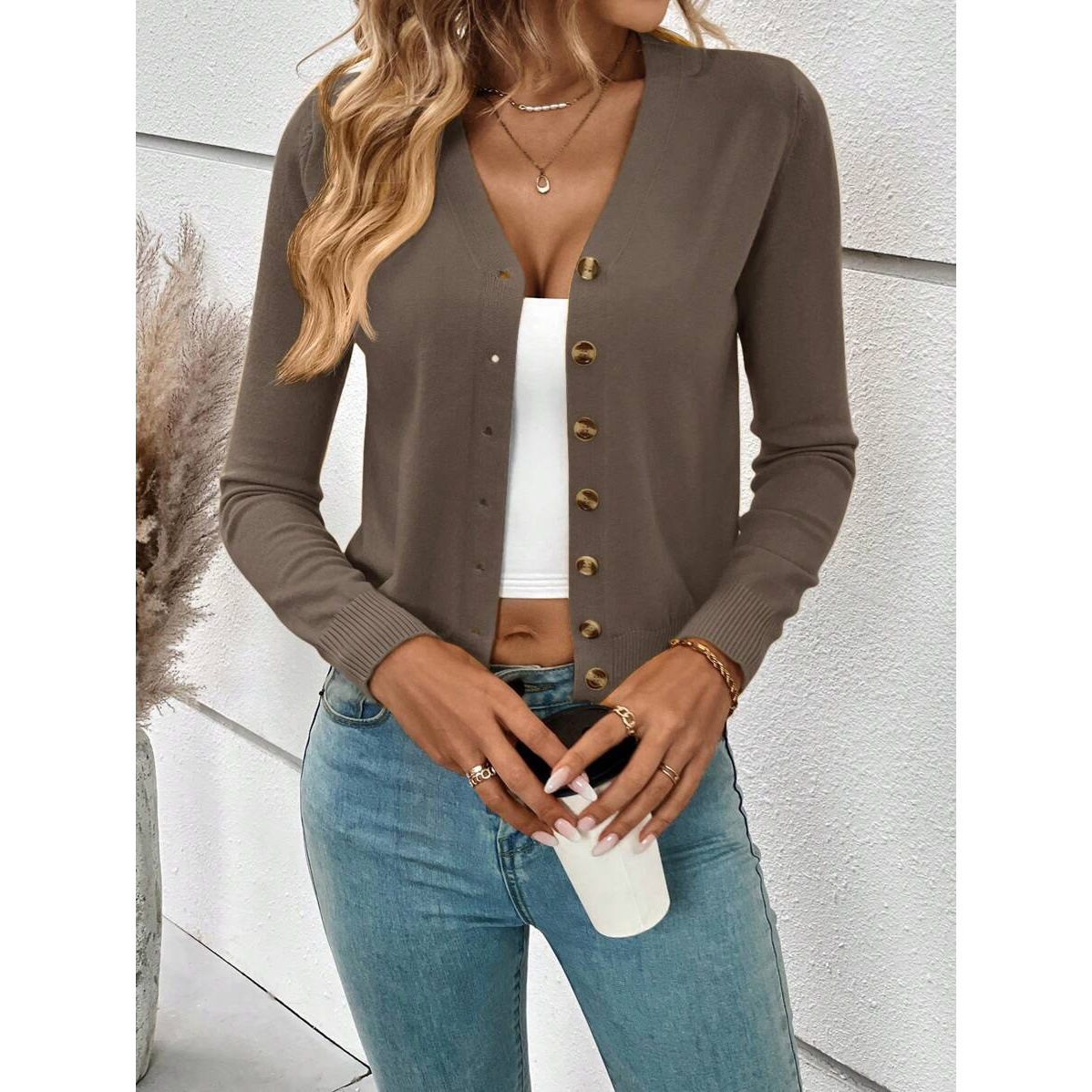 R 68111 Simple solid knit cardigan, minimalist solid color cardigan.