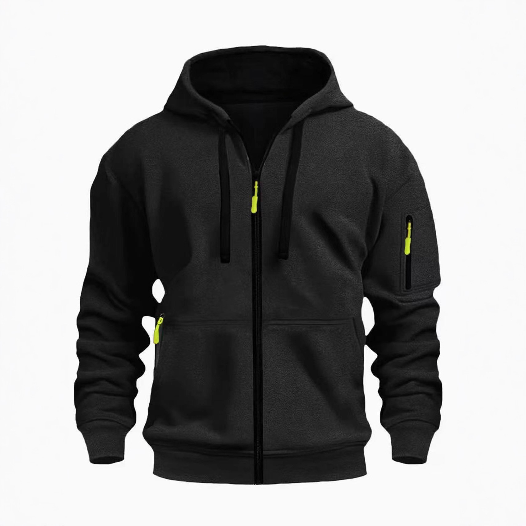 Men's loose hooded sweatshirt with fleece zipper, unisex multi-pocket and multi-color options, available for wholesale from the source factory
