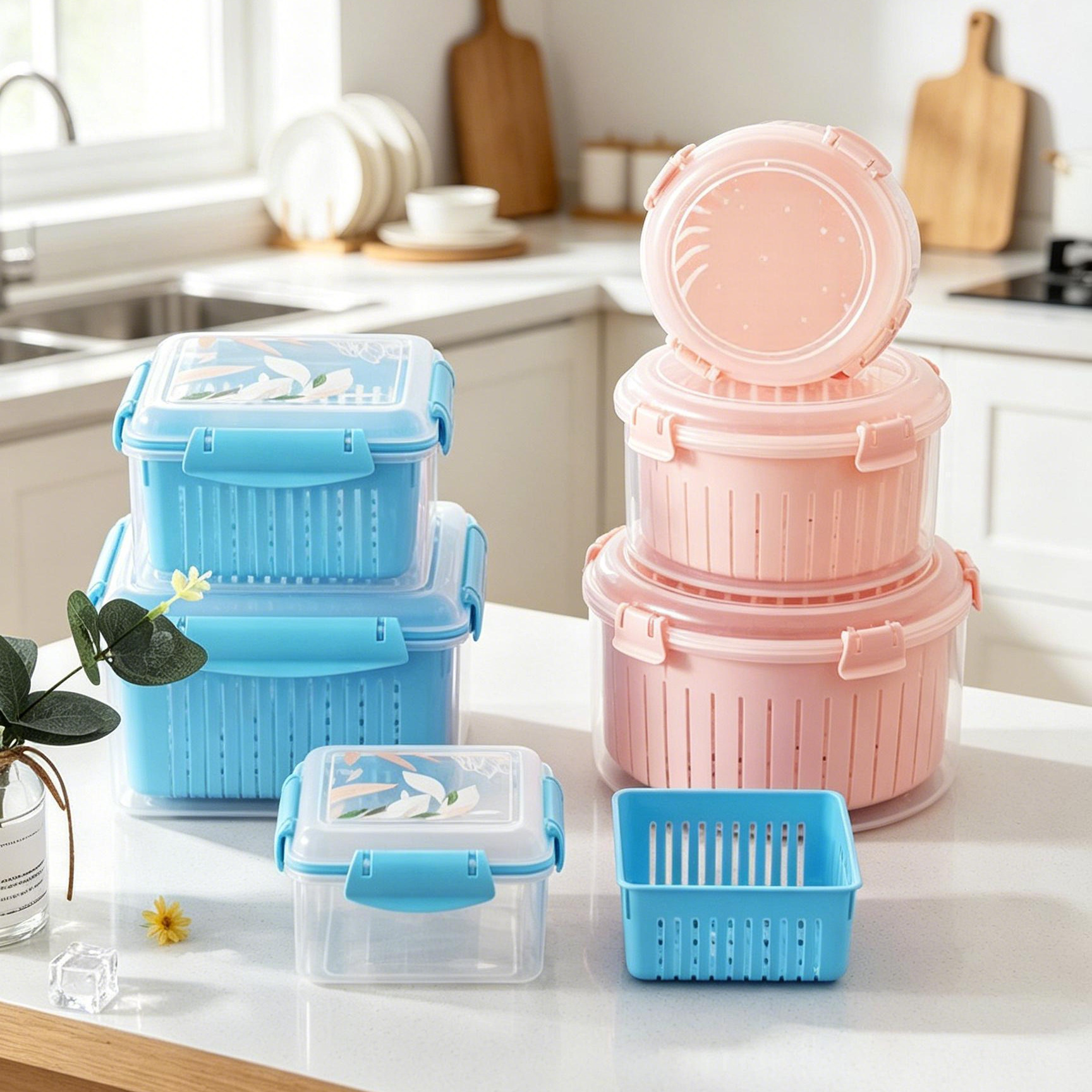 Three-piece set of plastic sealed boxes for kitchen, refrigerator, food, fruits and vegetables storage, round and square plastic water-draining preservation boxes