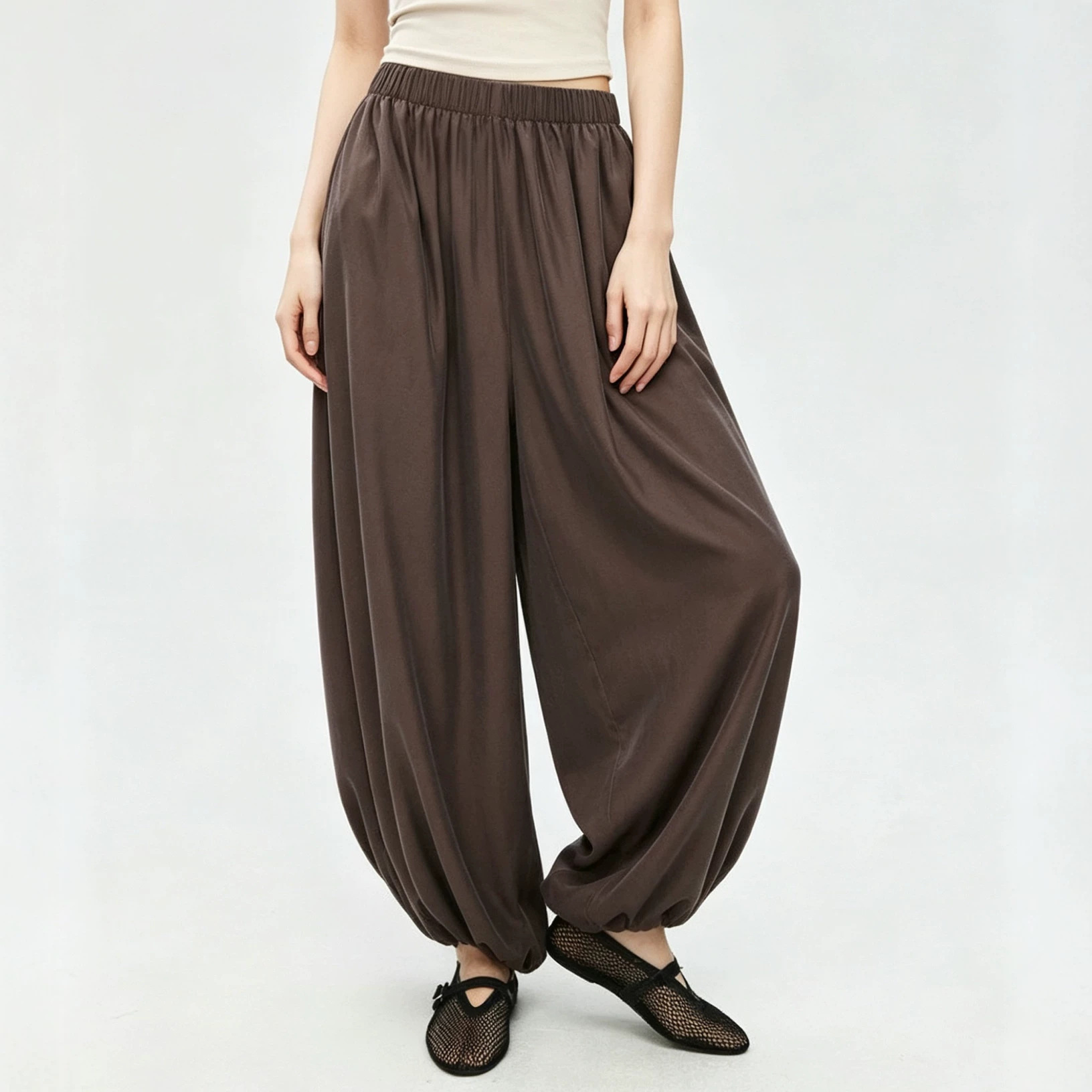 Women's cupro silk brown lantern pants, summer high-waisted, loose-fitting, slimming, versatile, casual harem pants.