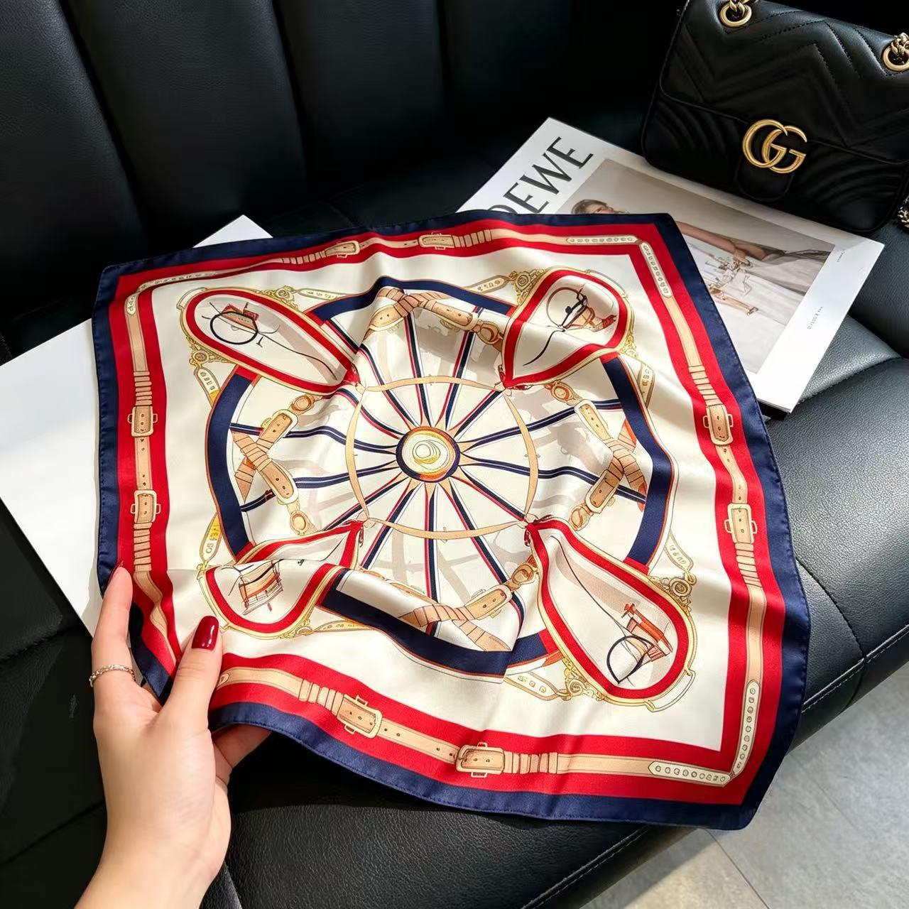 New Ankera red paisley faux silk scarf, stylish and versatile, perfect for pairing with shirts; 70cm square scarf for a sophisticated look when tied around a bag.