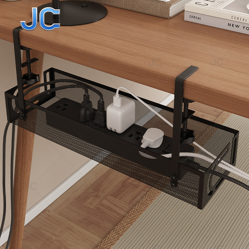 No-drill cable management device for office desks, student dorm desks, and bedside storage baskets.
