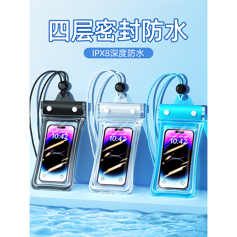 Waterproof phone case for touchscreen use, suitable for swimming, food delivery riders, neck straps, transparent for photography, airbags, rain protection, underwater use, rafting, and tourism.