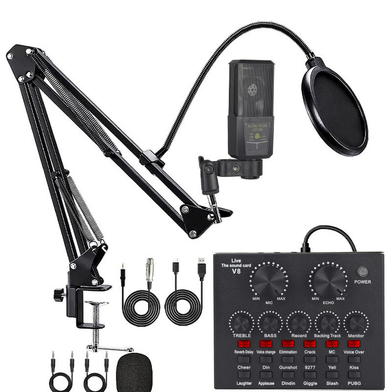 Cross-border V8 English live streaming sound card BM800 microphone cantilever mobile phone sound card kit podcast complete set