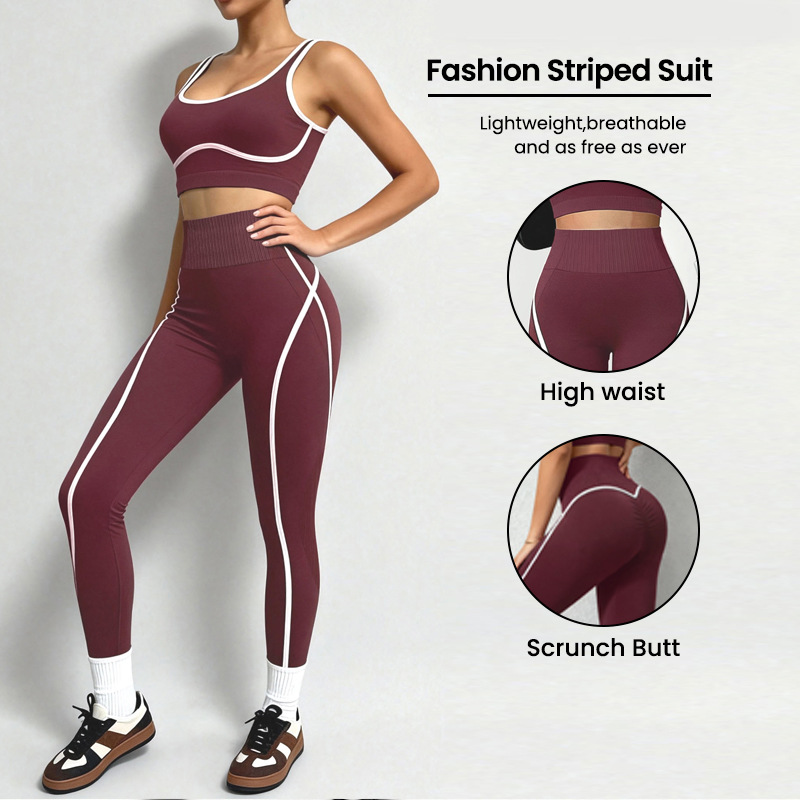 Seamless yoga long pants set, women's color-blocking sports and fitness set, running and fitness vest, high-waisted peach-buttock long pants