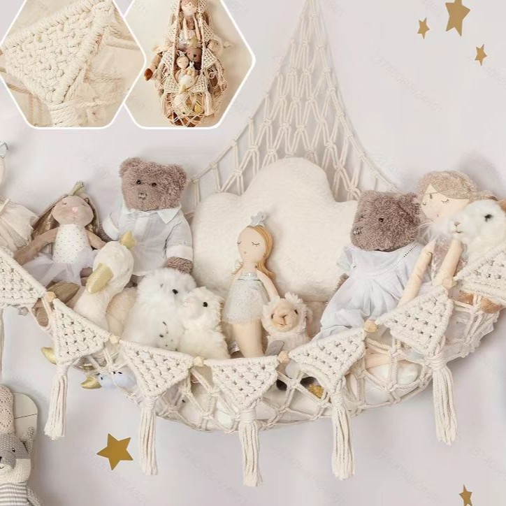 Triangular mesh bag for cross-border toy hanging storage, toy hammock, hand-woven plush toy storage.