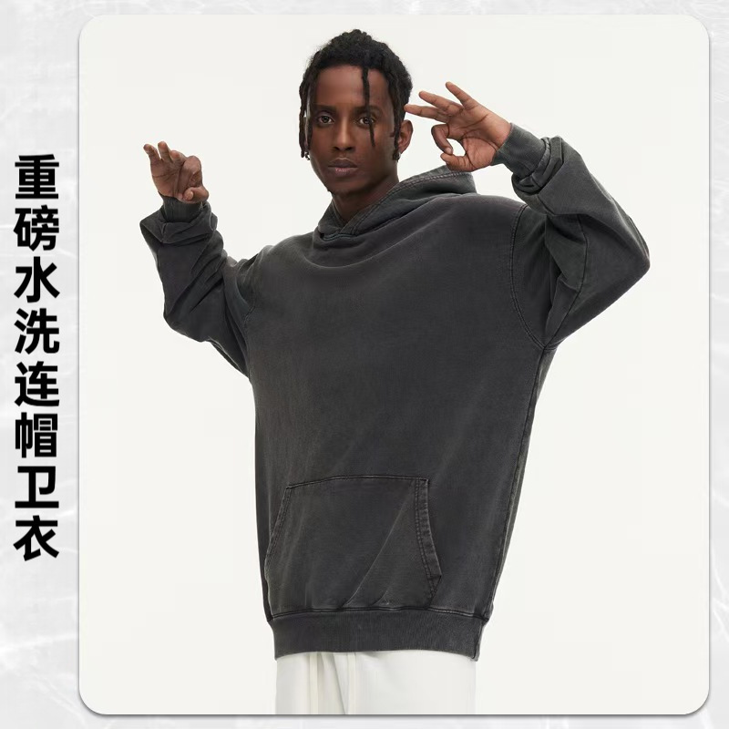Washed and aged American retro heavyweight fleece hooded hoodie and sweatshirt custom embroidered print loose style for autumn and winter