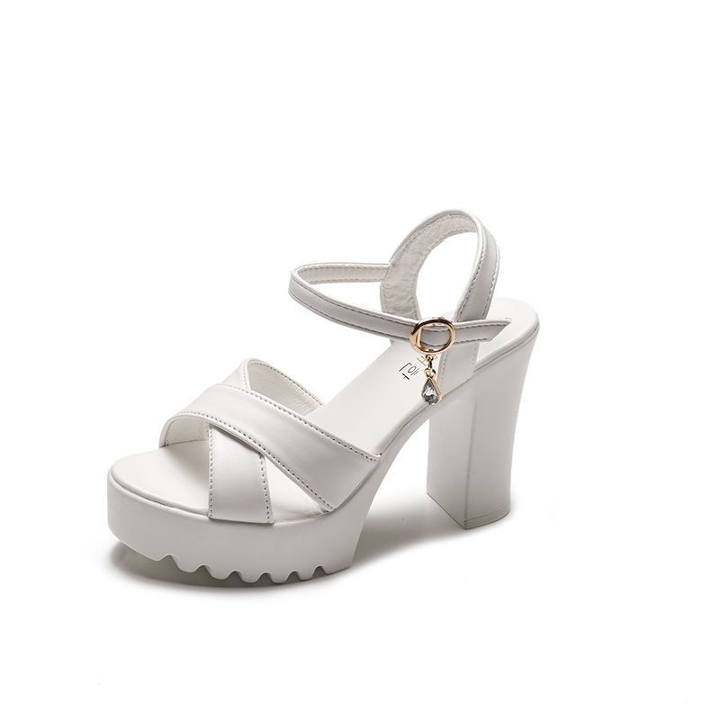 2025 New Summer High-Heeled Sandals, Chunky Heel, Waterproof Platform, Cross Buckle Strap, Casual and Versatile, Fashionable for Women, Summer Low-Heel