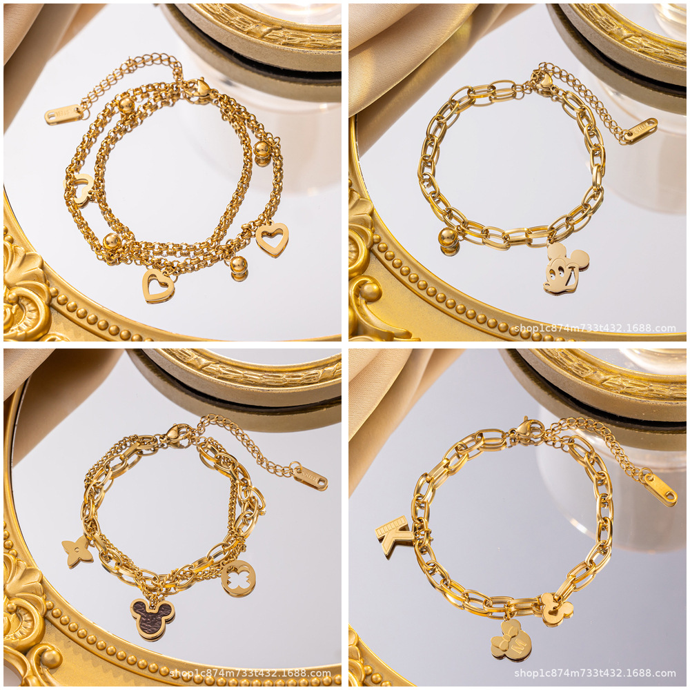 European and American style, new cross-border Mickey Mouse gold bead letter titanium steel bracelet for women, fashionable, versatile, color-resistant jewelry.