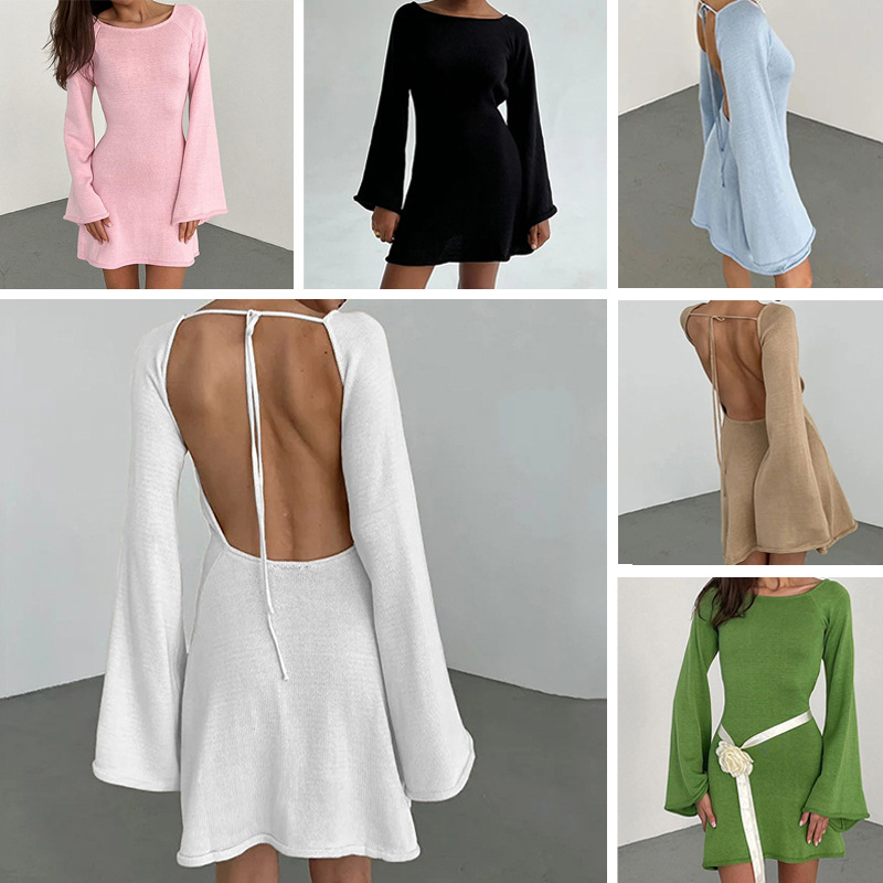 New cross-border women's dress, elegant bell sleeves, backless, tie-waist, solid color, hollowed-out long sleeves, fitted waist knit dress