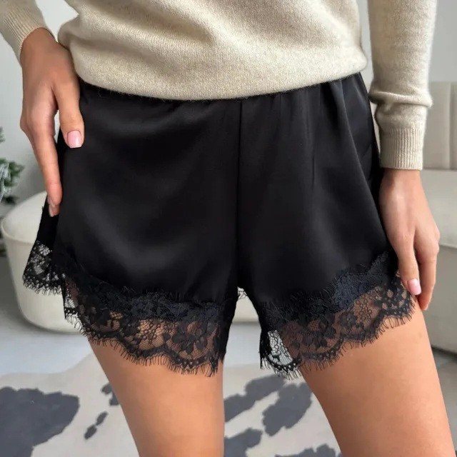 New European and American cross-border summer satin lace trim shorts, elastic waist, loose casual shorts, Russian clothing