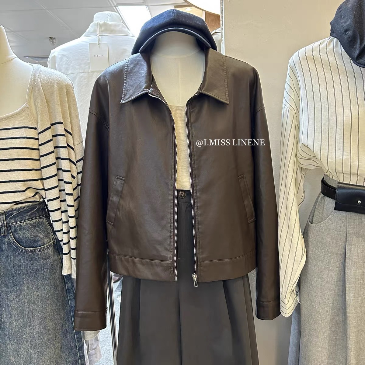 Classic Korean chic autumn retro lapel zipper versatile motorcycle jacket pu faux leather short coat for women