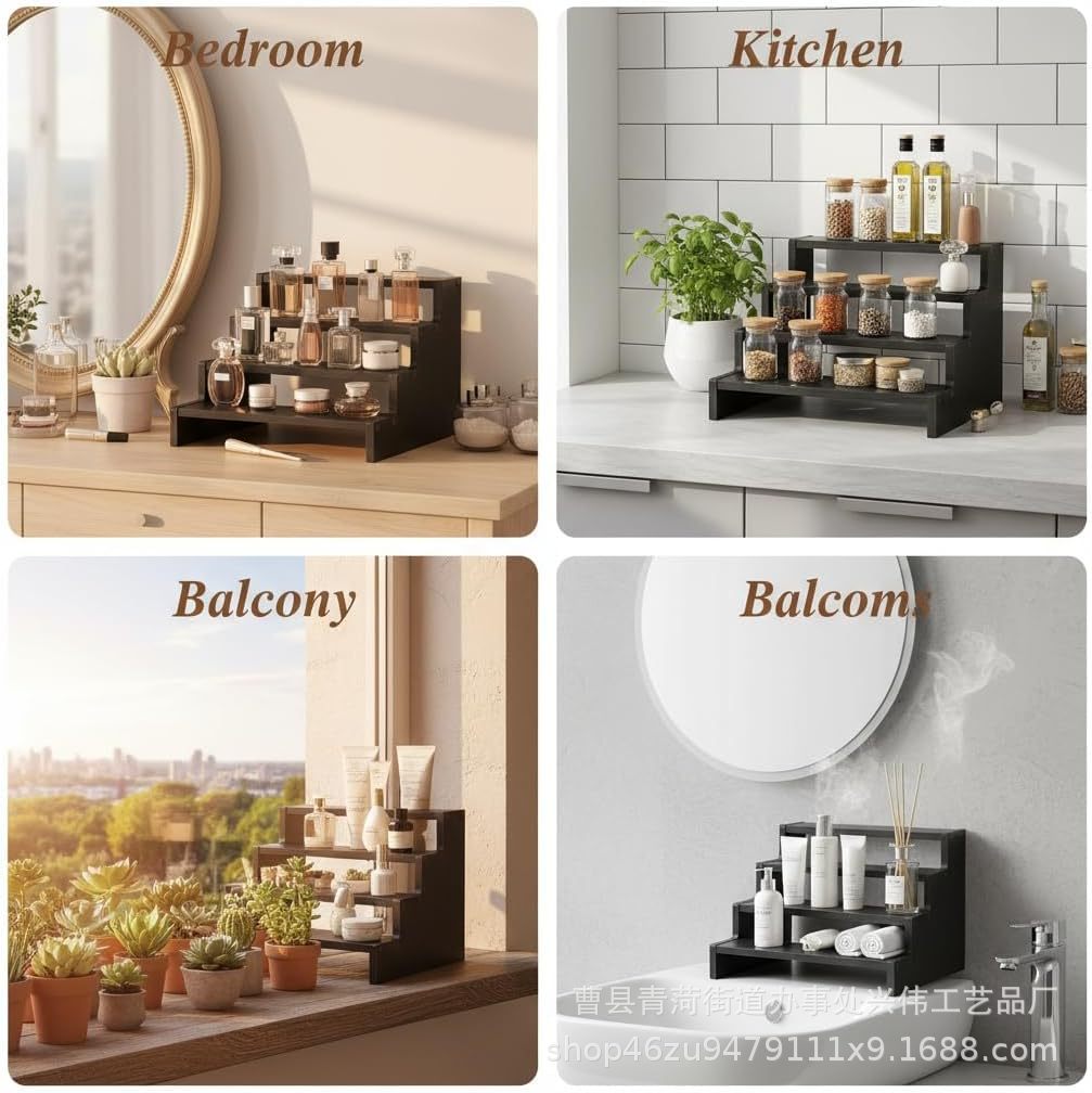 In stock: Multi-tiered wooden storage rack for perfumes, cosmetics, jewelry, watches, dressing tables, and kitchen condiments.