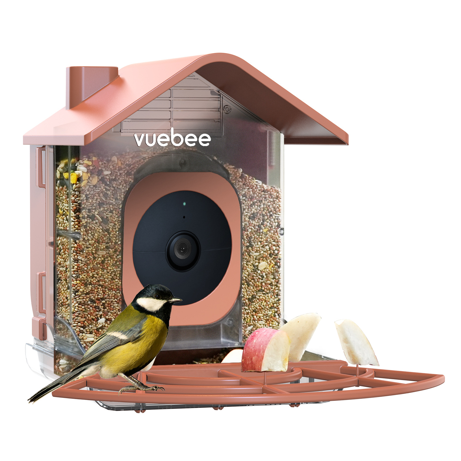 Outdoor bird feeder with camera housing, compatible with Google Nest cameras for outdoor birdwatching.