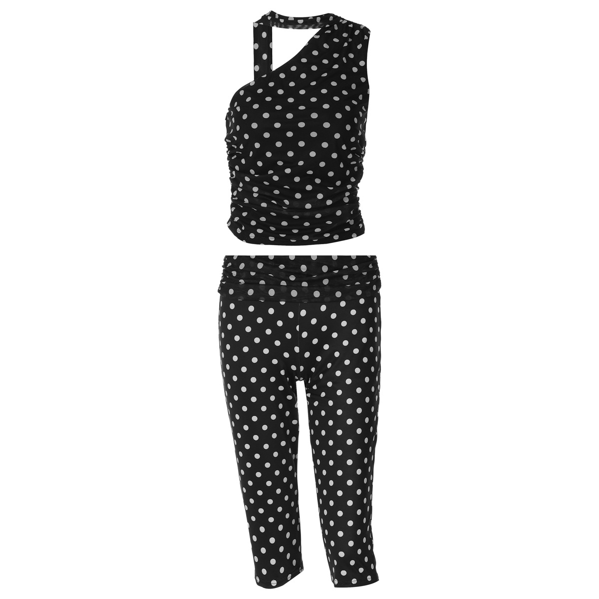 European and American style 2026 summer new style mesh patchwork polka dot one-shoulder asymmetrical neck top and slim-fit cropped pants set