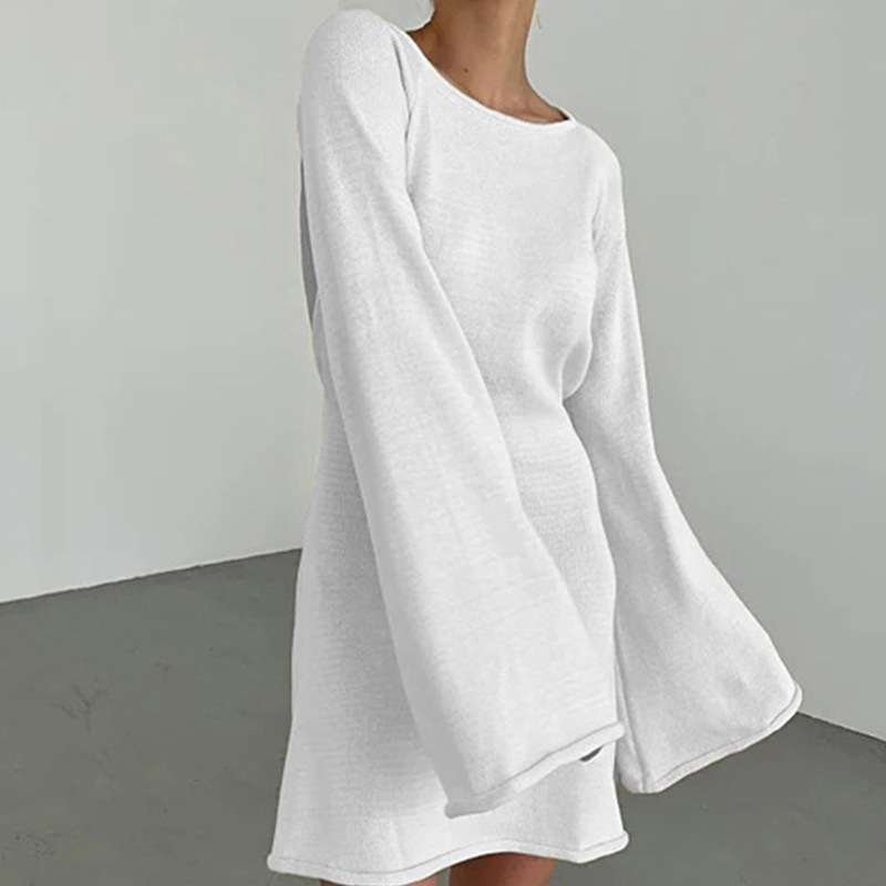 New cross-border European and American style sexy backless round neck bell sleeve solid color knitted long sleeve dress beach cover-up