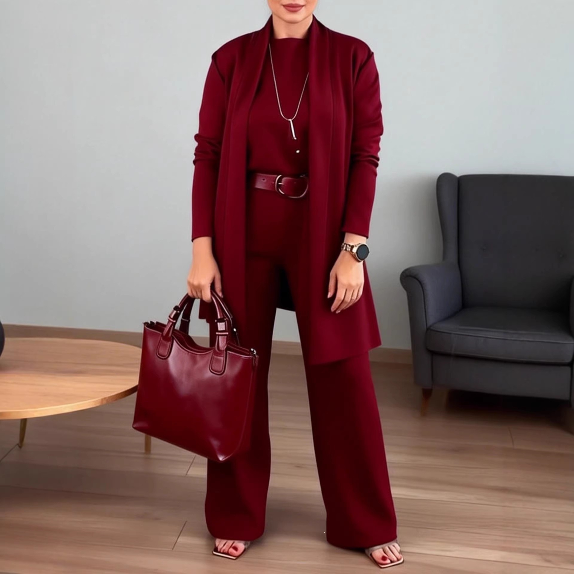 European and American plus-size women's clothing three-piece set, long-sleeved cardigan with an inner top and wide-leg pants, cross-border women's clothing for middle-aged and elderly people