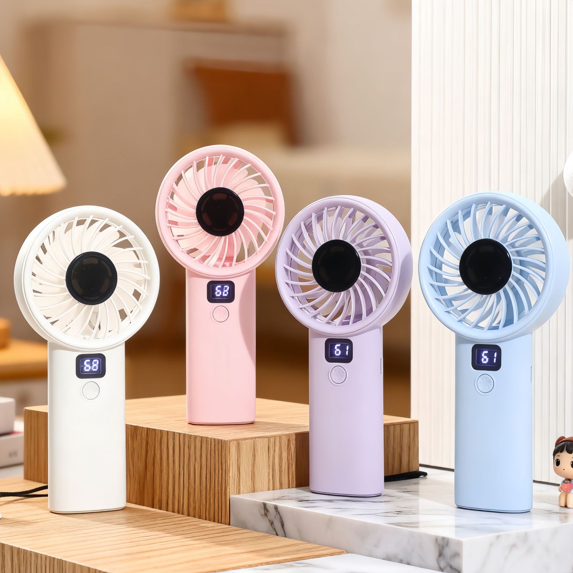 Simple handheld digital display mini fan, USB rechargeable, stand-and-hold dual-use, stepless speed control, with carabiner and bag attachment.
